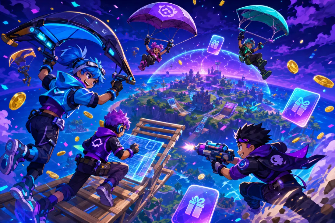 Original cartoon battle-royale heroes gliding onto an island with floating gift-card rewards